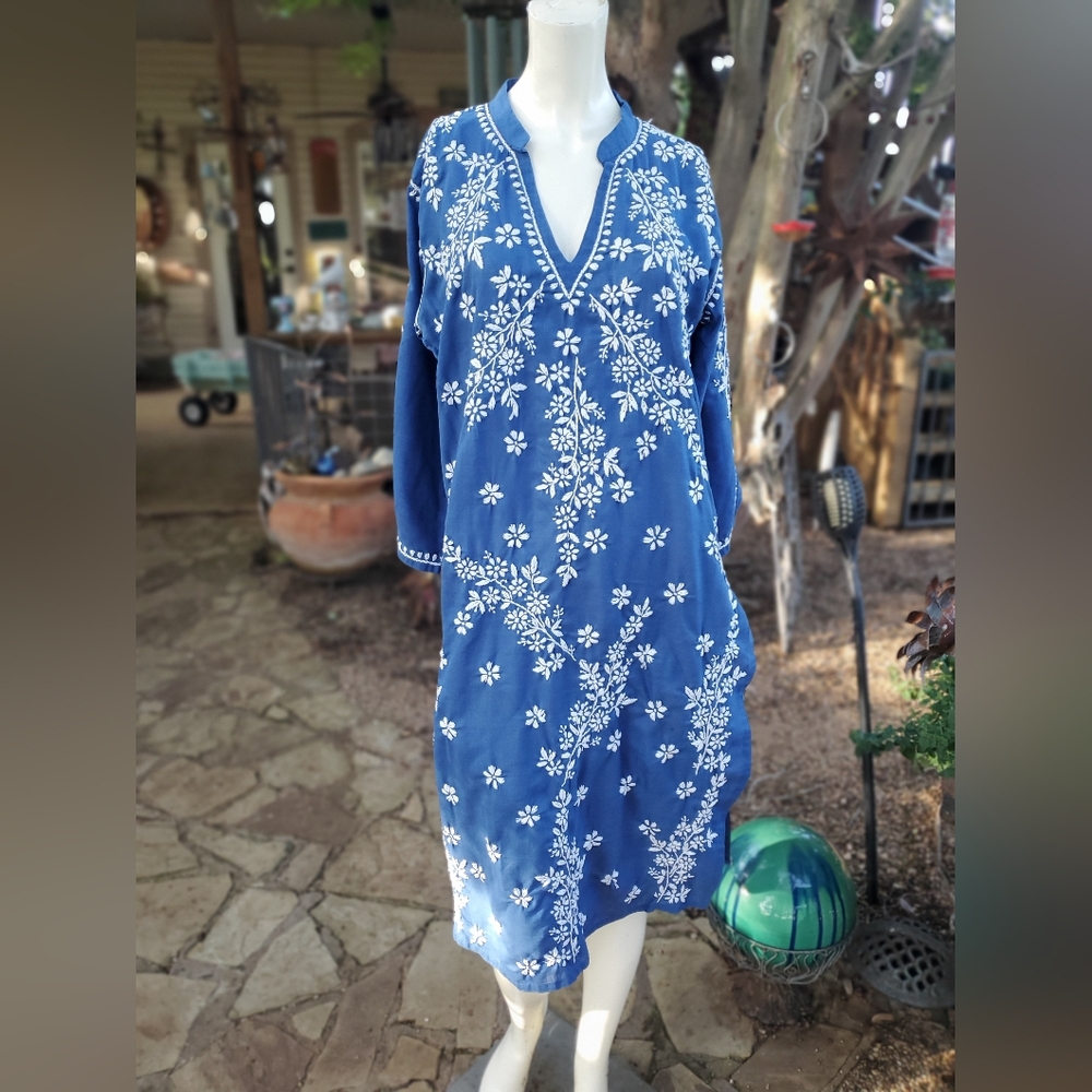 Blue Cotton White Embroidered Floral V-Neck Women’s Swim Cover-Up Dress L
